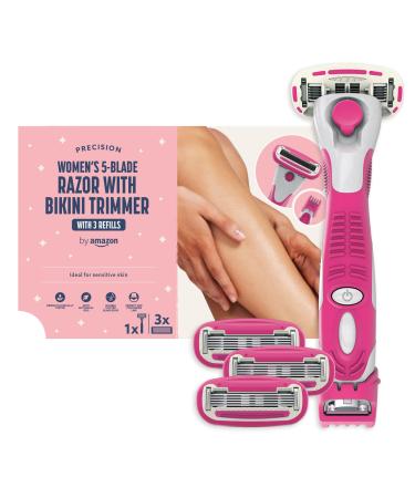by Amazon Women's 5 Blade Razor with 3-in-1 Trimmer + 3 refillls Pink (Previously Solimo brand) 1 Count (Pack of 1) 1 Razor 1 Trimmer 3 Refills