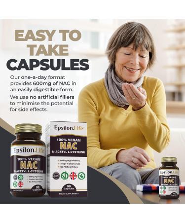 NAC 600mg Vegan Supplement - N-Acetyl-Cysteine Capsules for Glutathione Boost - 90 Caps - Made in UK, No Fillers - Buy Online on GoSupps.com