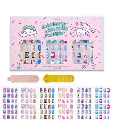 144Pcs Kids Press on Nails Children Girls Press on Short Artificial Fake Nails No fading Stable Quick Stick on Cute Pre Glue Full Cover Acrylic Nail Tip Kit Gift for Kids Nail Decoration (Rainbow)