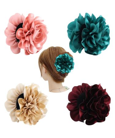 Dizila 4 Pack Black Plastic Hair Claws Clips with Big Large Solid Satin Flower Rose Bow Barrettes Clamps Bun Updo Holders Hair Accessories for Women Girls - Buy Online on GoSupps.com