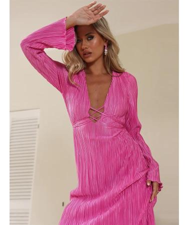 Women's Party Dress Deep V Neck Sexy with Belt Flare Long Sleeve Long Dresses High Waist Elegant XL Rose Red - Buy Online on GoSupps.com