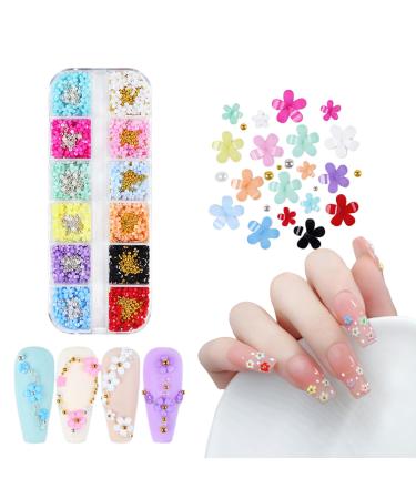 3D Flower Nail Charms Acrylic Nail Flowers with Gold Silver Caviar Beads Nail Art Charms Nail Jewellery Nail Art Decorations DIY Nail Design