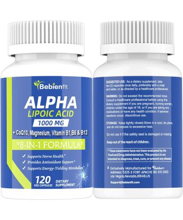 Alpha Lipoic Acid 1000mg Neuropathy Supplements Capsules 8-IN-1 ALA for Nerve Health in Hands & Feet Nervous System and Antioxidant with Magnesium Glycinate CoQ10 & B1 B6 B12 Vegan 120 Caps 120 Count - Buy Online on GoSupps.com