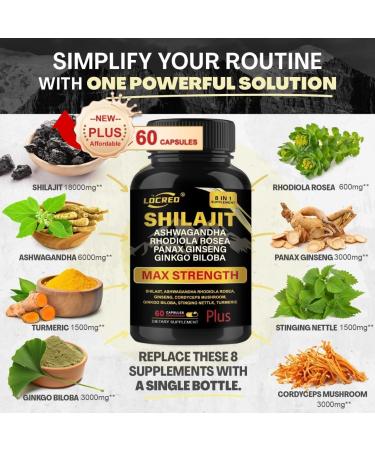 LOCRED Shilajit Capsules for Men & Women 8 in 1 with Shilajit 18000 mg Ashwagandha Ginseng Ginkgo Rhodiola Cordiceps Natural Energy & Stamina Supplement for Men 60 Capsules. - Buy Online on GoSupps.com
