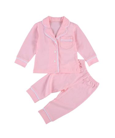Kids Baby Boy Girl Cotton Pajamas Set PJS Long Sleeve Button Down Sleepwear 2 Piece Tops Pants Nightwear Homewear 4-5 Years Solid Pink