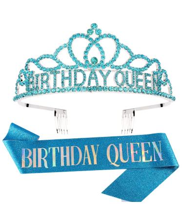 ATODEN Birthday Crown Tiara Birthday Sash Tiaras and Crowns for Women Girls Queen Crown Birthday Decorations Kit Blue Rhinestone Headbands Crystal Crown Birthday Gifts for Women Hair Accessories for Party