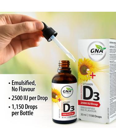 GNA Naturals Vitamin D3 Drops 2500 IU 30ml - Liquid Vitamin D3 for Adults - High Potency Flavorless Easy to Absorb - Pure D3 Supplement for Daily Wellness - Supports Bone Heart and Teeth Health - Buy Online on GoSupps.com