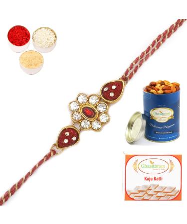 Ghasitaram Gifts Rakhis Online - J-31062 Rose Flower Jewel Rakhiwith 100 GMS of Dryfruits Mix Can 200 GMS of Kaju katli Rakhi & 100g Dryfruits Mix Can 200g Kaju katli
