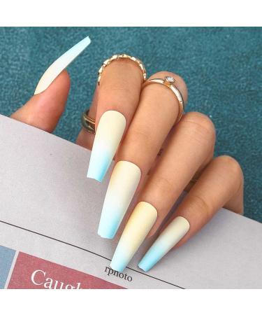 Sethexy Long Matte Ballerina False Nails - 24 Blue French Coffin Acrylic Tips with Glue for Women & Girls - Buy Online on GoSupps.com