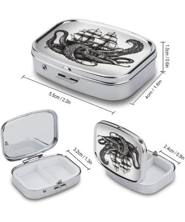 Stylish Black & White Octopus & Ship Print Pill Box | 2 Compartment Portable Pill Organizer | Decorative Metal Medicine Case for Purse & Pocket - Buy Online on GoSupps.com