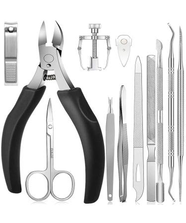 Jinpiker Profi footnail pliers set nail scissors nail tongs 12 pieces stainless steel footnail snaps with double -page nail file and nail scissors set repair for thick ingrown footnaws (black)