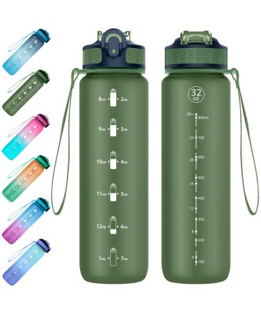 Eyq 1l drinking bottle sports water bottle with straw tritan bpa free water bottle with time marker for the school in outdoor sports in the school gym -dark green