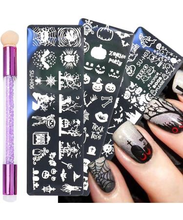 healthGUO Nail Art Stamping Plate Stamper Sponge Pen Halloween Pumpkin Bats Image Nail Polish Template Stamp Stencil Tools Kit 3 - Buy Online on GoSupps.com