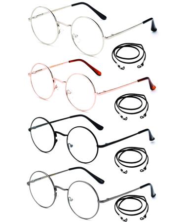 Newbee Fashion 4 Packs Round Reading Glasses with Lanyards Metal Frame Slim Rim Spring Hinge Circle Frame Vintage Reading Glasses +2.50 2.50 X 4 Packs Metal Reading Glasses With 4 Lanyards