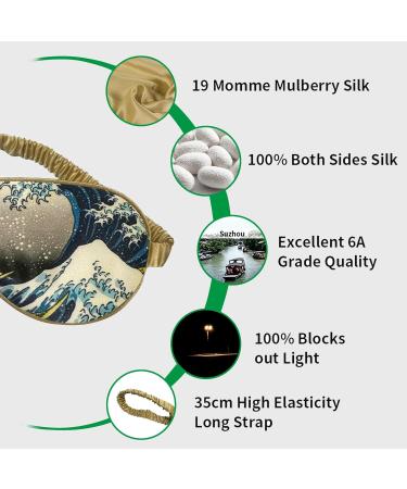 Silk Sleep Mask for Women/Men/Girls | 19 Momme 100% Pure Mulberry Silk | Blackout Blindfold for Night Travel Nap Meditation | Anti-Allergy | Elastic Strap | Great Wave Design - Buy Online on GoSupps.com