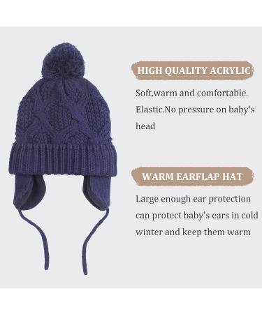 Pesaat Knitted Baby Winter Beanie with Earflaps and Pompom | Fleece Lined for Infant Toddler Boys Girls | 6-12 Months Navy - Buy Online on GoSupps.com