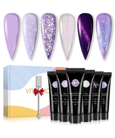 Vrenmol Poly Nails Gel Set,Glitter Nail Extension Gel Cat Eye Purple Enhancement Builder Nail Gel Nail Lamp Required for Nail French Art Design Beginner DIY