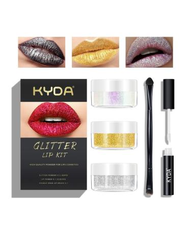 KYDA 3 Colors Glitter Lip Kit Diamond Metllic High Pigmented Powder for Lips Cosmetics Glitter Lips Makeup with Lip Primer and Brush Long Wear-Set D