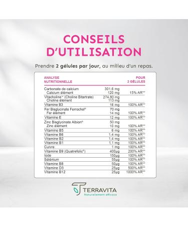 PRE-DESIGN AND PREGNANCY | Complete Formula with Quatrefolic Folic Acid + Choline Vitacholine + Vitamins and Minerals | 90 Capsules | Made in France | Terravita - Buy Online on GoSupps.com