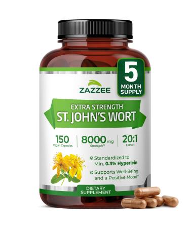 Zazzee Extra Strength St. John s Wort 20:1 Extract 8000 mg Strength 0.3% Hypericin 150 Vegan Capsules 5 Month Supply Concentrated Standardized 20X Extract 100% Vegetarian Non-GMO All-Natural