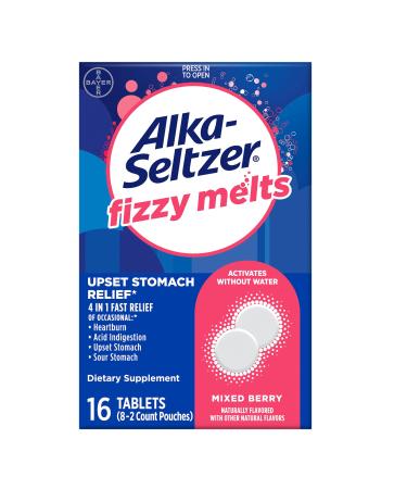 Alka-Seltzer Fizzy Melts, Dissolve on Tongue, No Water Needed, On-The-Go Dietary Supplement Antacid Tablets, for Relief of Occasional Heartburn and Acid Indigestion*, Berry Flavor, 16ct Mixed Berry