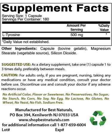 Best Naturals L-Tyrosine 500mg 180 Capsules - Supports Mental Alertness, Energy, Focus & Glandular Balance - Buy Online on GoSupps.com