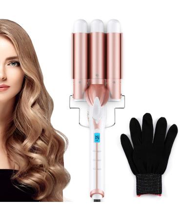 3 Barrel Curling Iron Wand, Ohuhu 1 Inch Ceramic Tourmaline Triple Barrels, Hair Waver Curling Iron Temperature Adjustable Hair Waver Heats Up Quickly with LCD Temp Display, Rose Gold, Mother's Day Rose Gold Style 1