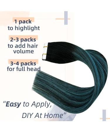 RUNATURE Ombre Tape in Hair Extensions - Black to Teal - 18 Inch Real Human Hair Skin Weft Balayage Tape Extensions - Buy Online on GoSupps.com