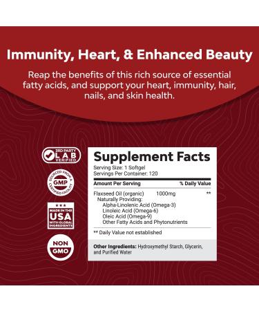 Organic Vegan Flaxseed Oil Softgels 1000mg - Cold Pressed Omega 3 Supplement for Hair, Skin, Nails, Heart & Brain Health - Plant Based ALA, Omega 3 6 9 - Buy Online on GoSupps.com