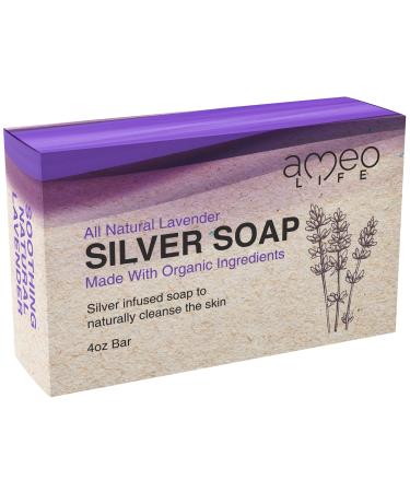 Ameo Life Organic Lavender Silver Soap with 30 ppm Silver - Naturally Cleanses the Skin  4 oz Colloidal Silver Soap Bar for Women and Men