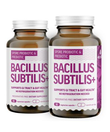 Bacillus Subtilis Spore Based Probiotic High Potency Strain with Prebiotic for Balanced Belly | Daily Gut Health & Microbiome Support for Family | 6 Billion CFU Per Day | 180 Vegetarian Capsules 90 Count (Pack of 2)
