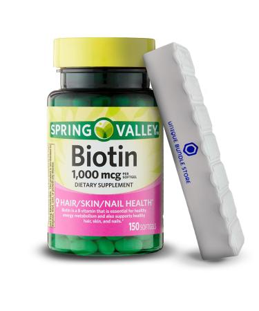 Spring Valley Biotin 1000MCG Biotin Softgels Hair Skin Nails Supplement 150 Count + 7 Day Pill Organizer Included (Pack of 1) 150 Count (Pack of 1)