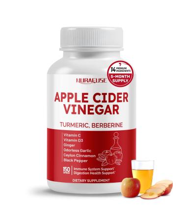 Apple Cider Vinegar 14-in-1 Supplement with Turmeric Ginger Garlic Cinnamon Fenugreek Blueberry Milk Thistle Banaba - Made in The USA 150 count (pack of 1)