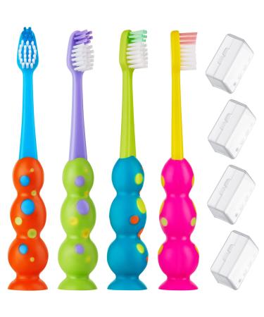 Kids Toothbrushes 4 Pack - Soft Contoured Bristles - Child Sized Brush Heads (3-10 Year Old) - Suction Cup for Fun & Easy Storage - Assorted Set (Blue, Orange, Pink, Yellow, Purple, Green) 4 Count (Pack of 1) Multi-color