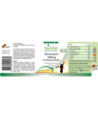 Fairvital Resveratrol 100mg Capsules - Vegan 90 Count with Bioflavonoids Rutin OPC & Quercetin for Optimal Health - Buy Online on GoSupps.com