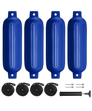 Sailortenx Boat Fenders 4 Pack 4.5'' x16'' Inflatable Ribbed Marine Boat Fender with Fender Lines 6.5 ft Needles and Pump for Twin Eyes Boat Fender Bumpers for Docking Fenders Use to Yacht Etc Blue