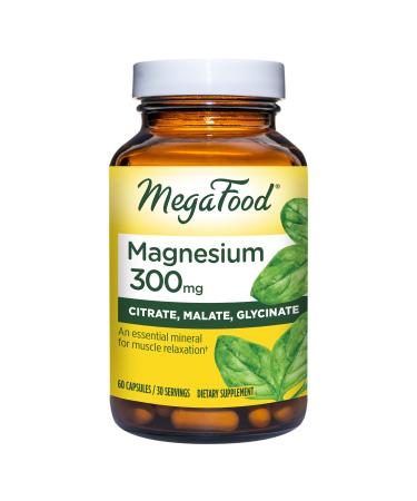 MegaFood Magnesium 300 - Highly absorbable Blend of Citrate  Malate  and Glycinate to Help Support Heart  Nerve Health and Relaxation - Vegetarian - Gentle & Effective - 60 Capsules (30 Servings)