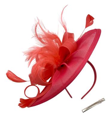 Ladies Feather Aliceband/Clip Fascinator Hat for Weddings Races Royal Ascot (Coral)