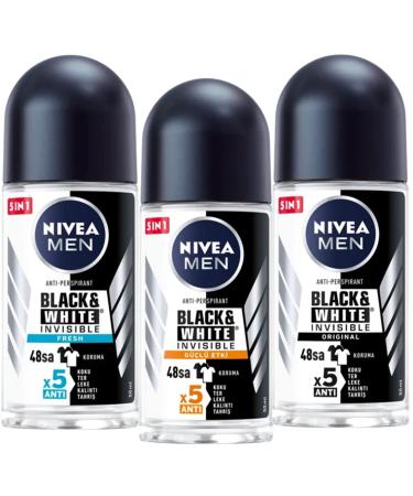 NIVEA BLACK AND WHITE FRESH+SPECIAL+ ORIGINAL MEN ROLL-ON FREE ALCOHOL ANTIPERSPIRANT DEODORANT 48 HOURS PROTECTION 1.7 OZ (Pack of 3) (NIVEA BLACK AND WHITE SERIES)
