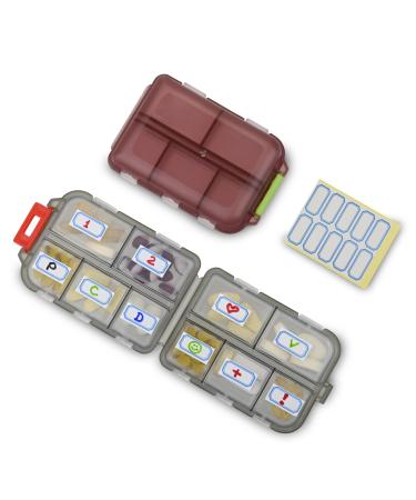 2 Pack Travel Portable Pill Organizer Pocket Size with 10 Compartments 10 Sticky Notes Small Fold Pill Boxes of Two Colors. Perfect for Travel or Home Use.