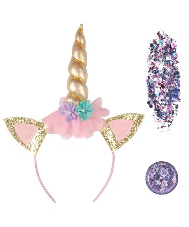 FUNCREDIBLE Unicorn Headband with Chunky Glitter | Unicorn Horn Headband and Chunky Glitter | Halloween Cosplay Party Little Pony Costume Accessories for Women Girls Adults Kids (Rainbow)
