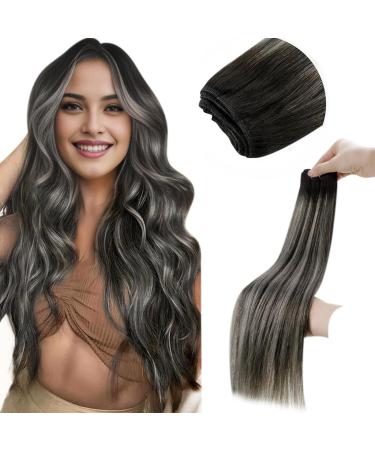 LAAVOOGAGE Extensions Real Hair Tress Black Silver Hair Tress Real Hair For Sewing Ombre Sew In Weft Hair Extensions Real Hair Remy Human hair smooth 100g 50cm/s/1b 50cm 1.36 #1b/S/1b