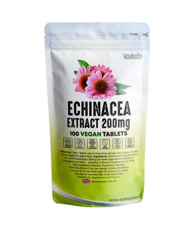 Vitaherbs Echinacea Tablets 200mg | Vegan Tablets | Echinacea Purpurea - Premium Quality - Made in The UK (100 Tablets) 100 count (Pack of 1)