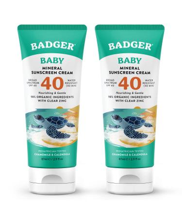 Badger SPF 40 Baby Sunscreen Cream (2 Pack) - Reef-Friendly Broad-Spectrum Water-Resistant Baby Sunscreen with Zinc Oxide - Chamomile and Calendula 2.9 oz 2.9 Fl Oz (Pack of 2)