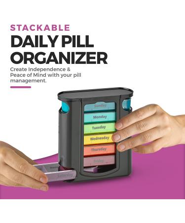 Weekly Pill Organizer with 1 Dispenser & 7 Stackable Compartments - 4 Times-a-Day (Morning, Noon, Evening, Bedtime) - Black - Buy Online on GoSupps.com