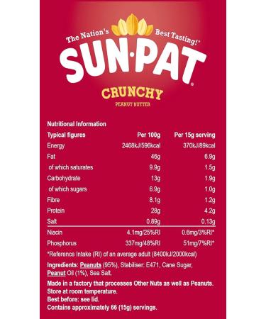 Sun-Pat Crunchy Peanut Butter 1kg Catering Tub / 66 x 15g Servings - Buy Online on GoSupps.com