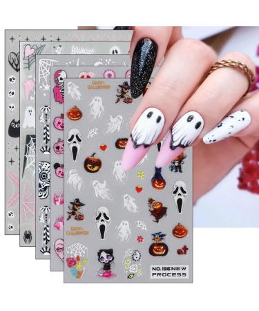 JMEOWIO 6 Sheets Halloween Nail Art Stickers Decals Self-Adhesive Cute Pumpkin Skull Horror Ghost Witchy Spider Web Bat Spook Nail Supplies Nail Art Design Decoration Accessories