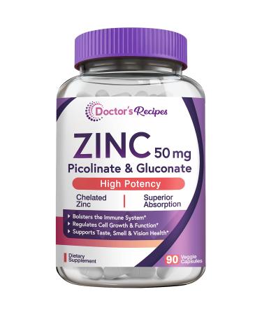 Doctor s Recipes Zinc Capsules 50 mg from Highly Absorbable Zinc Picolinate & Gluconate Supports Natural Immune Defense DNA & Protein Formation Cell Growth Non-GMO No Dairy 90 Veggie Caps