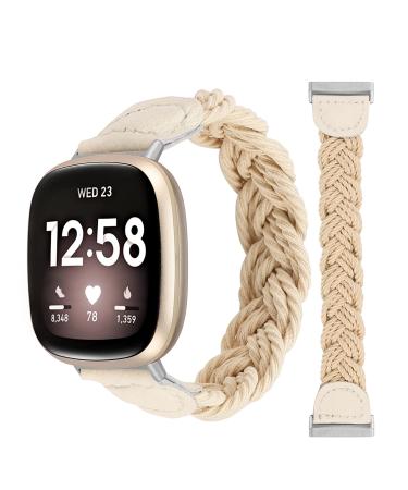 Minyee Braided Bands Compatible with Fitbit Versa 3/Fitbit Sense Band for Women, Elastic Solo Loop Stretchy Designer Nylon Wristband Slim Woven Replacement Bracelet Accessories for Versa 3/Sense Watch Light Khaki Small