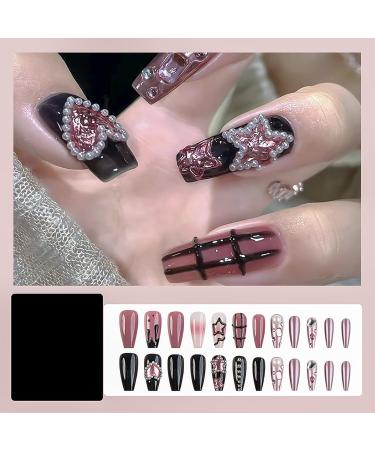Long Coffin Press On Nails - Black Pink Star Love Pearl Design | 24pcs Full Cover Gel Nail Kit for Women - Buy Online on GoSupps.com